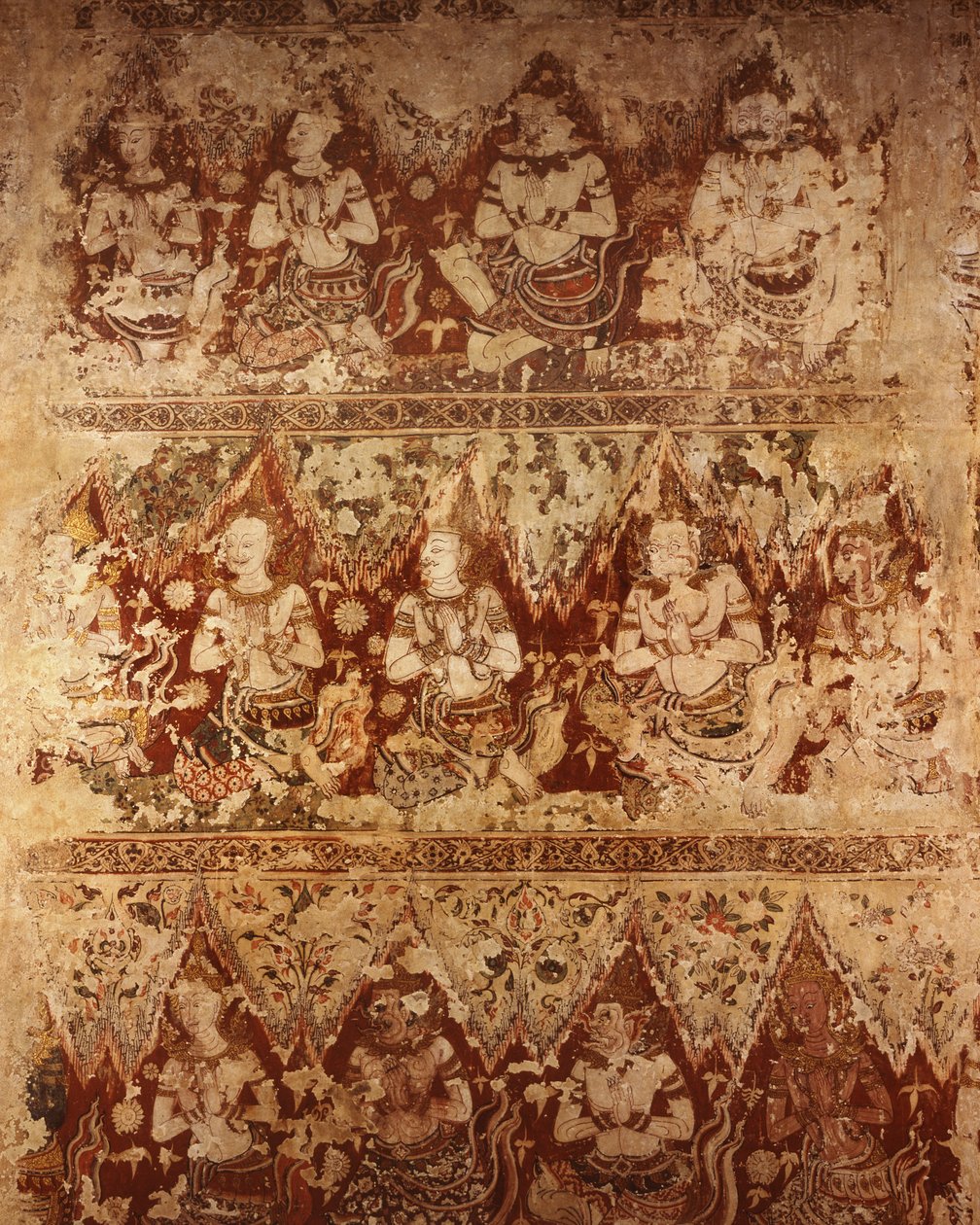 Dipinti murali che mostrano divinità celesti risalenti al primo periodo Ayutthaya del XVIII secolo da Siamese School