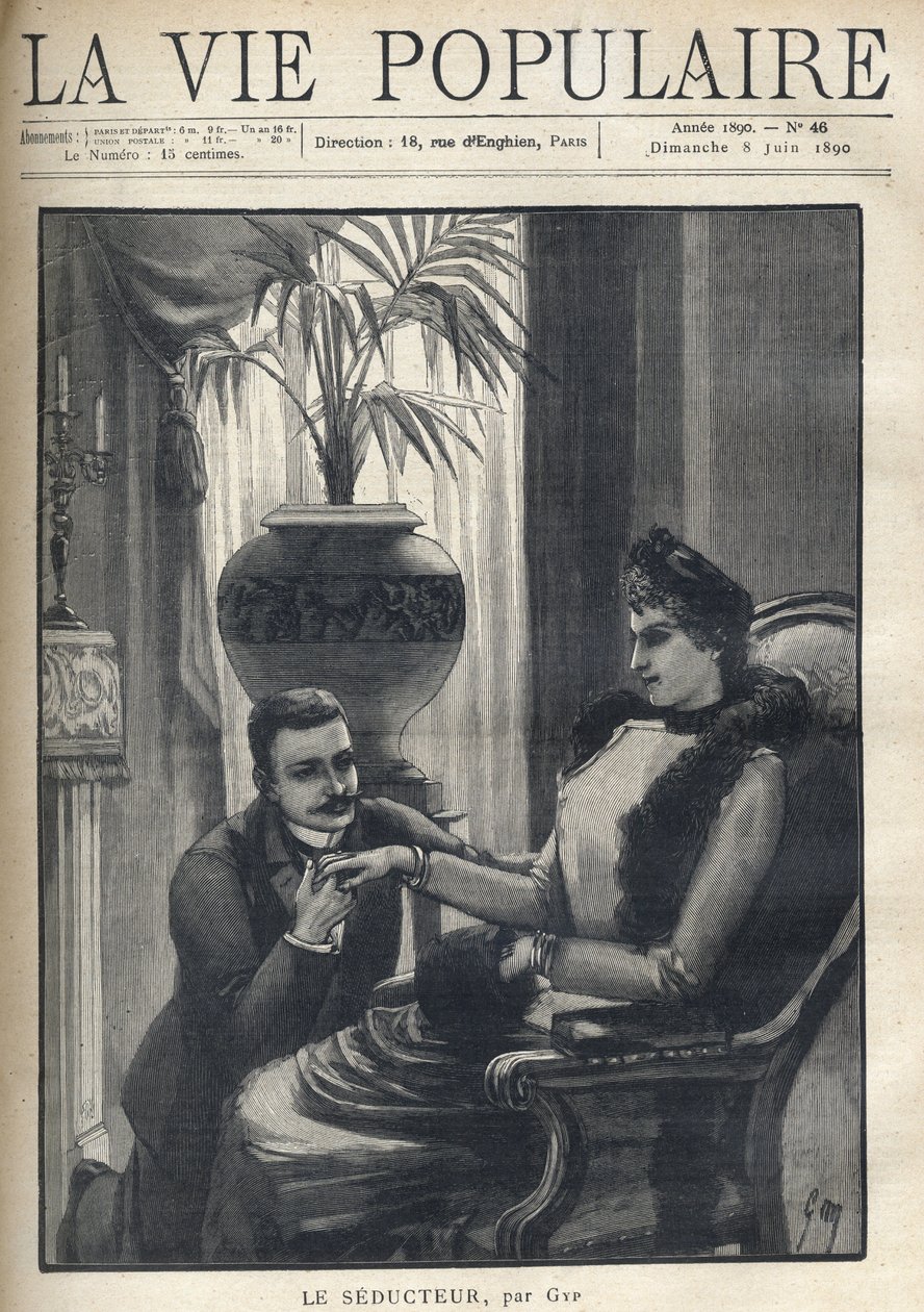Un uomo in ginocchio tiene la mano di una donna elegante, seduta in un salotto borghese, indossando il suo cappotto, una manica e una sciarpa di pelliccia. Illustrazione per Le Seducteur par Gyp (Sibylle Gabrielle Marie Antoinette Riquetti de Mirabeau, Con da Sibylle Gabrielle de Riquetti de Mirabeau
