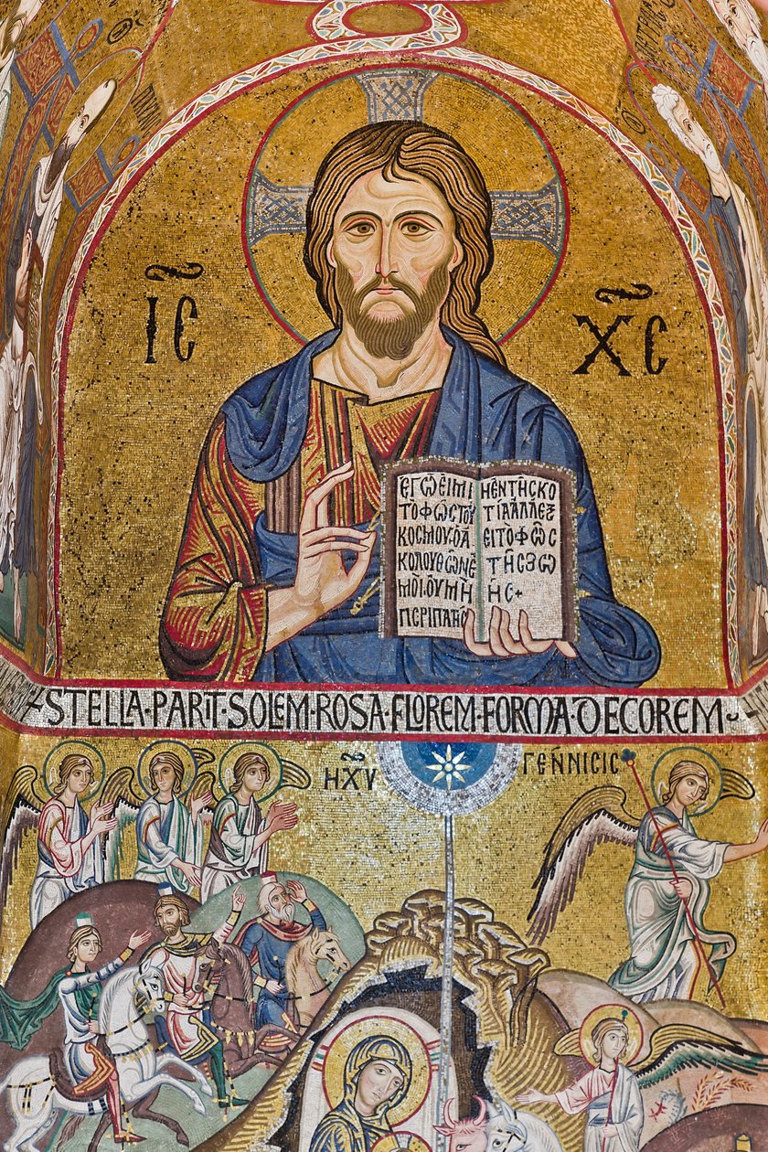 Cappella Palatina (Basilica), abside meridionale o "absidiola" di San Paolo, mosaici: "Cristo Pantocratore" e "Natività", XII secolo da Sicilian School