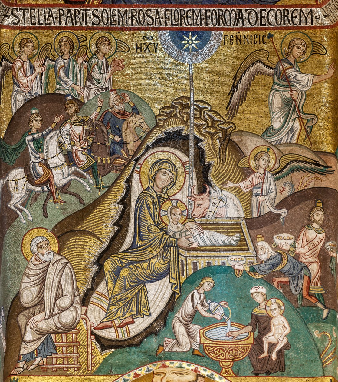 Cappella Palatina (Basilica), abside meridionale o "absidiola" di San Paolo, mosaici: "Natività", XII secolo da Sicilian School