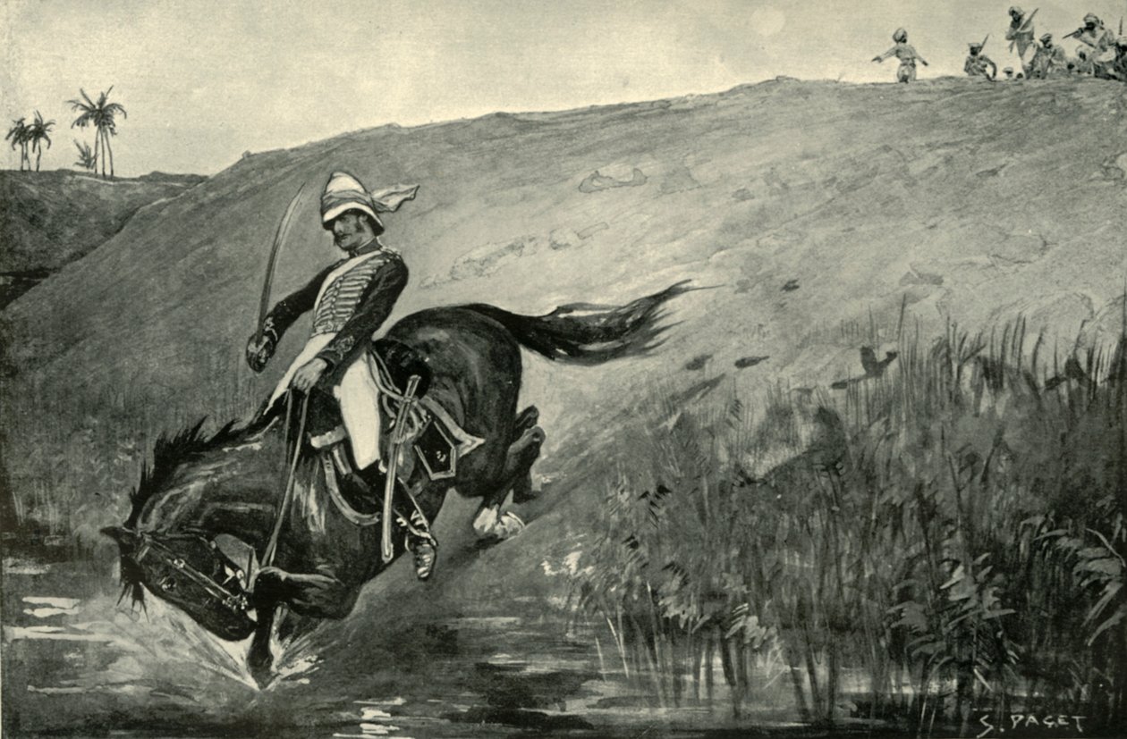 Stretta fuga del tenente Roberts inseguito dai nativi vicino a Lucknow, 1901 da Sidney Paget