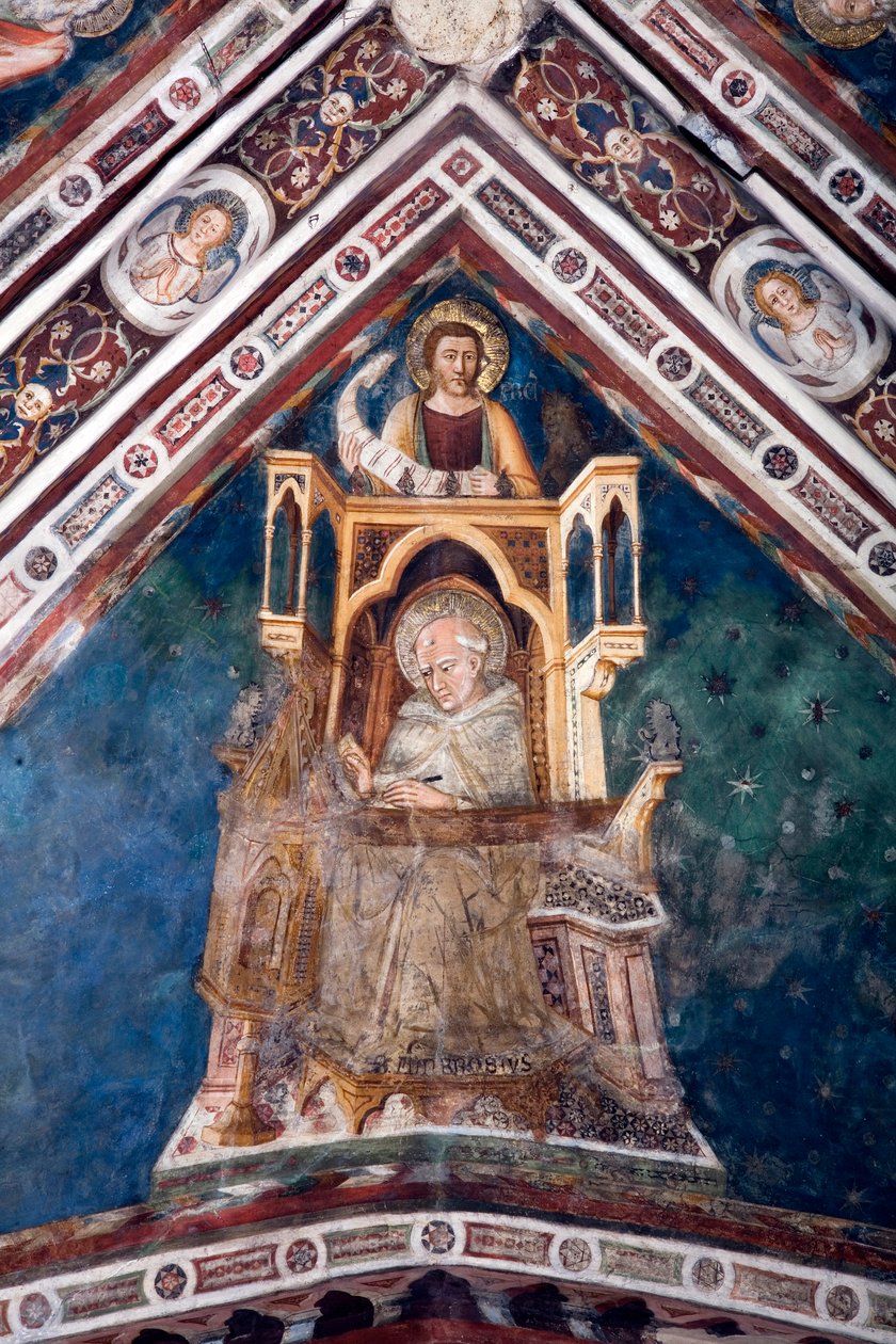 Ansicht des Details eines Freskos, das eines der Gewölbe der Oberkirche schmückt und die vier Ärzte der römischen Kirche darstellt: St. Ambrosius von Mailand und der Evangelist St. Markus. Gemacht von der Schule von Siena aus dem frühen 14. Jahrhundert. Kl von Sienese School