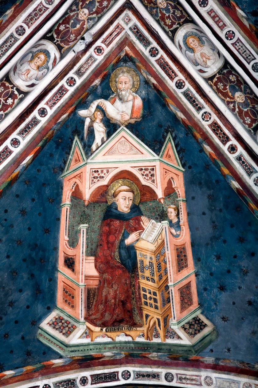 Vista del dettaglio di un affresco che decora una delle volte della Chiesa Superiore rappresentante i quattro dottori della Chiesa Romana: San Gregorio I il Grande e l
