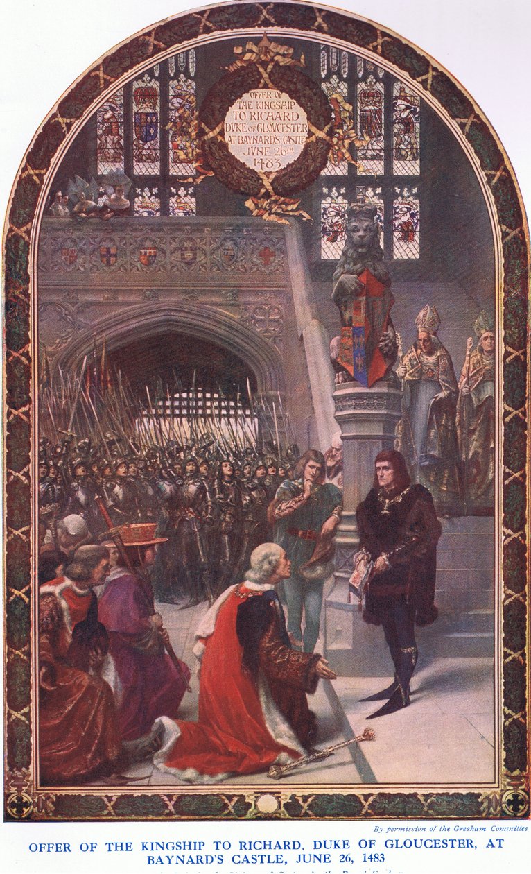 Offerta del regno a Riccardo Duca di Gloucester al Castello di Baynard, 26 giugno 1483, da La Storia del Popolo Britannico di Cassell pubblicato da Waverley Book Company Limited, c.1940 da Sigismund Christian Hubert Goetze