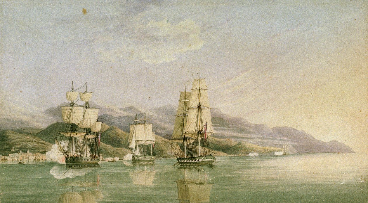 Attacco al convoglio di diciotto navi mercantili francesi a Laigrelia e Alassio, 27 giugno 1812, inizio XIX secolo da Silas Thomson (attr.to) Hood