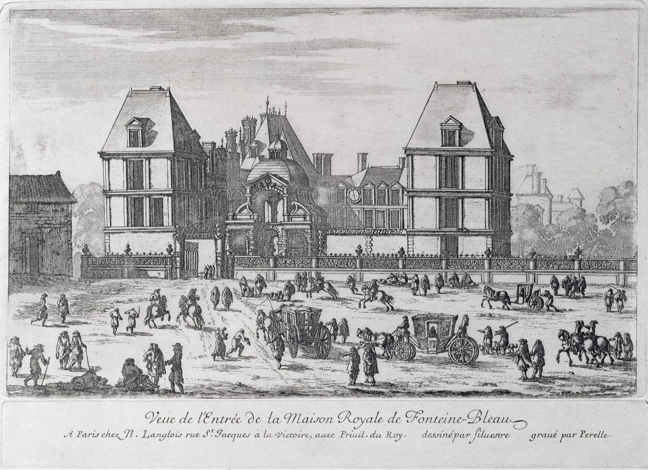 Ingresso al Palazzo Reale di Fontainebleau, inciso da Nicolas (1631-c.93) o Adam (1638-95) Perelle, pub. da Nicholas Langlois da Silvestre