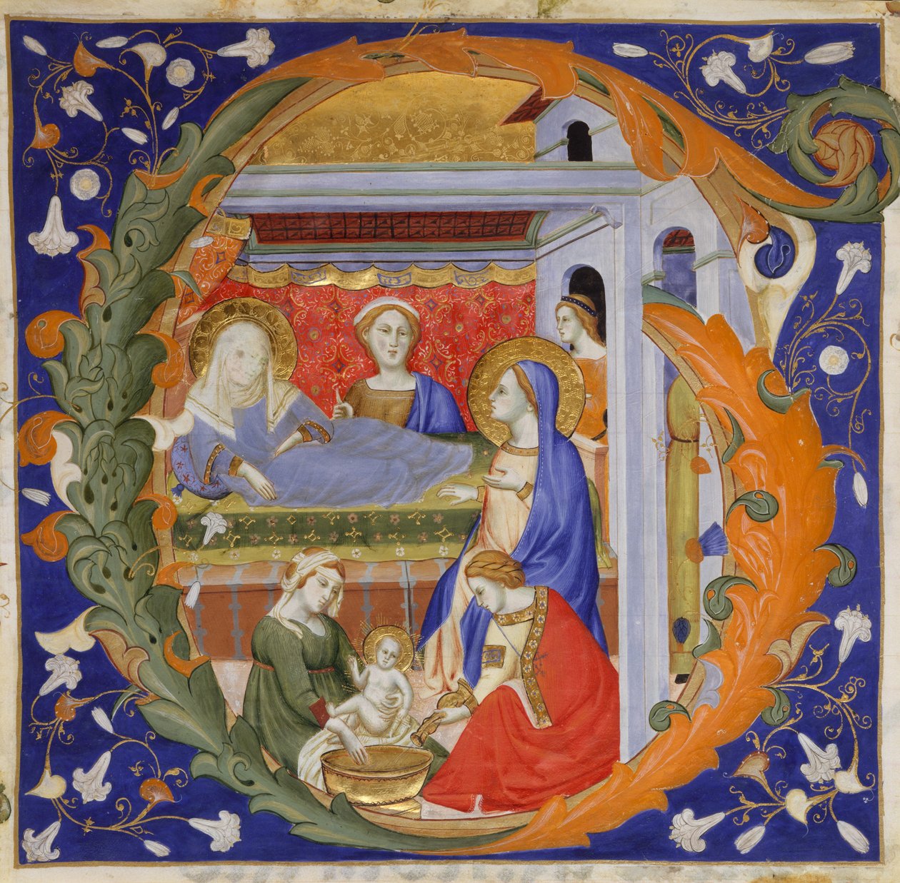Illustrazione del Manoscritto con la Nascita della Vergine in una Iniziale G, da un Graduale da Silvestro dei Gherarducci