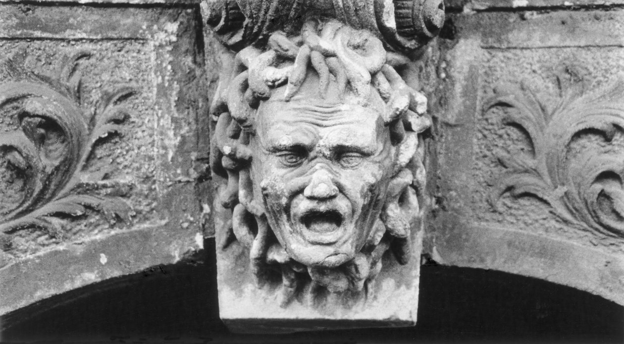 Testa scolpita, Schloss Hainewalde, Sassonia, Germania da Simon Marsden