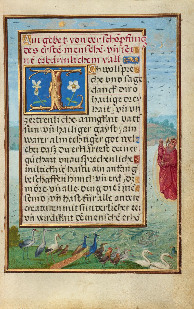 Bordüre mit der Erschaffung von Vögeln und Fischen da Simon Bening