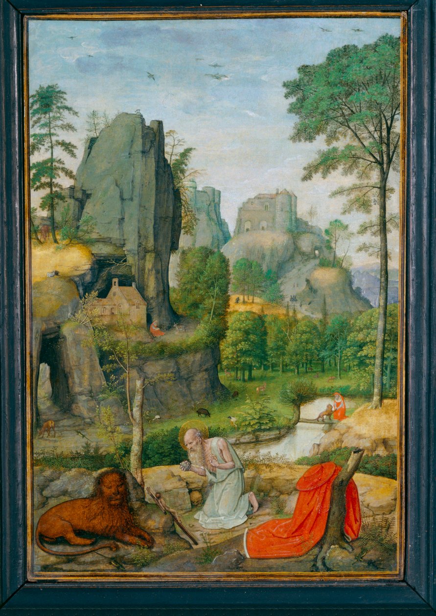 Paysage avec saint Jerôme penitent et la guerison du lion - Paesaggio con san Girolamo penitente e la cura del leone ... da Simon Bening