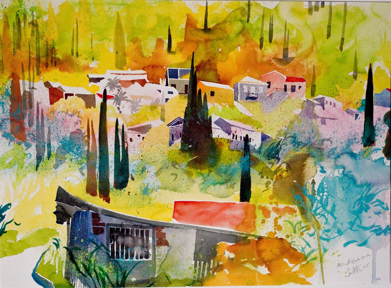 Ano Korakiana, Corfù, 2005 (acquerello su carta) da Simon Fletcher
