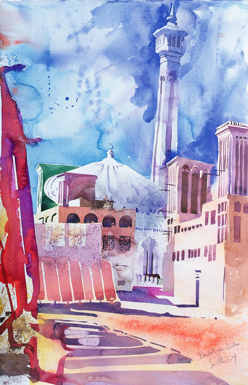 Bastakia, Dubai, 2004 (acquerello su carta) da Simon Fletcher