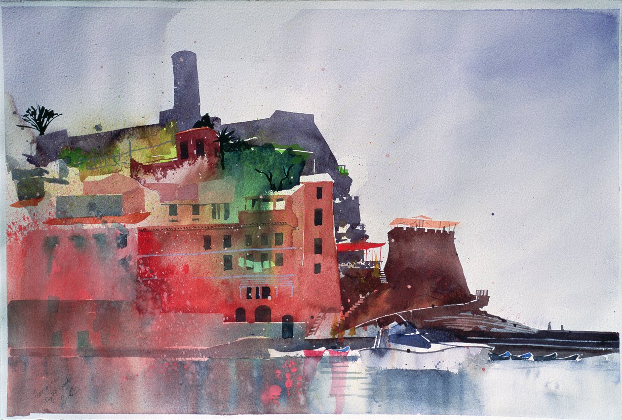 Fernazza, Otto barche, 2002 (acquerello su carta) da Simon Fletcher