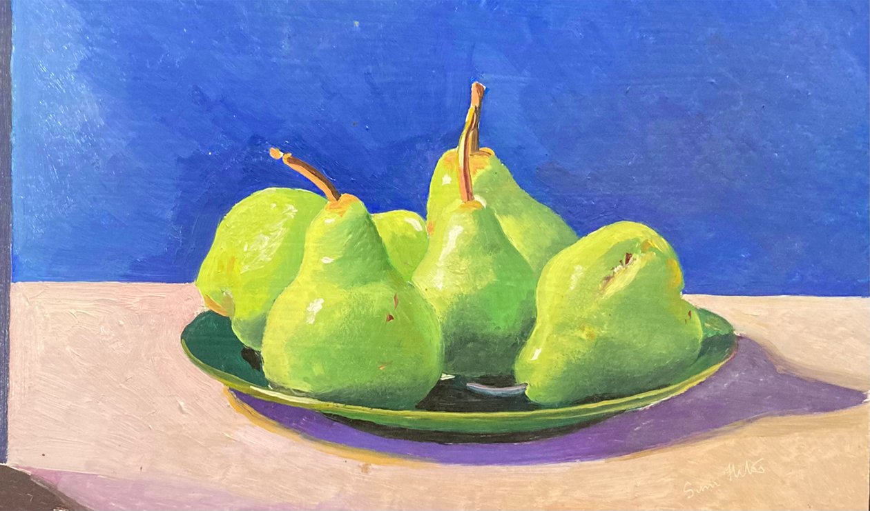 Cinque pere verdi (olio su tavola) da Simon Fletcher
