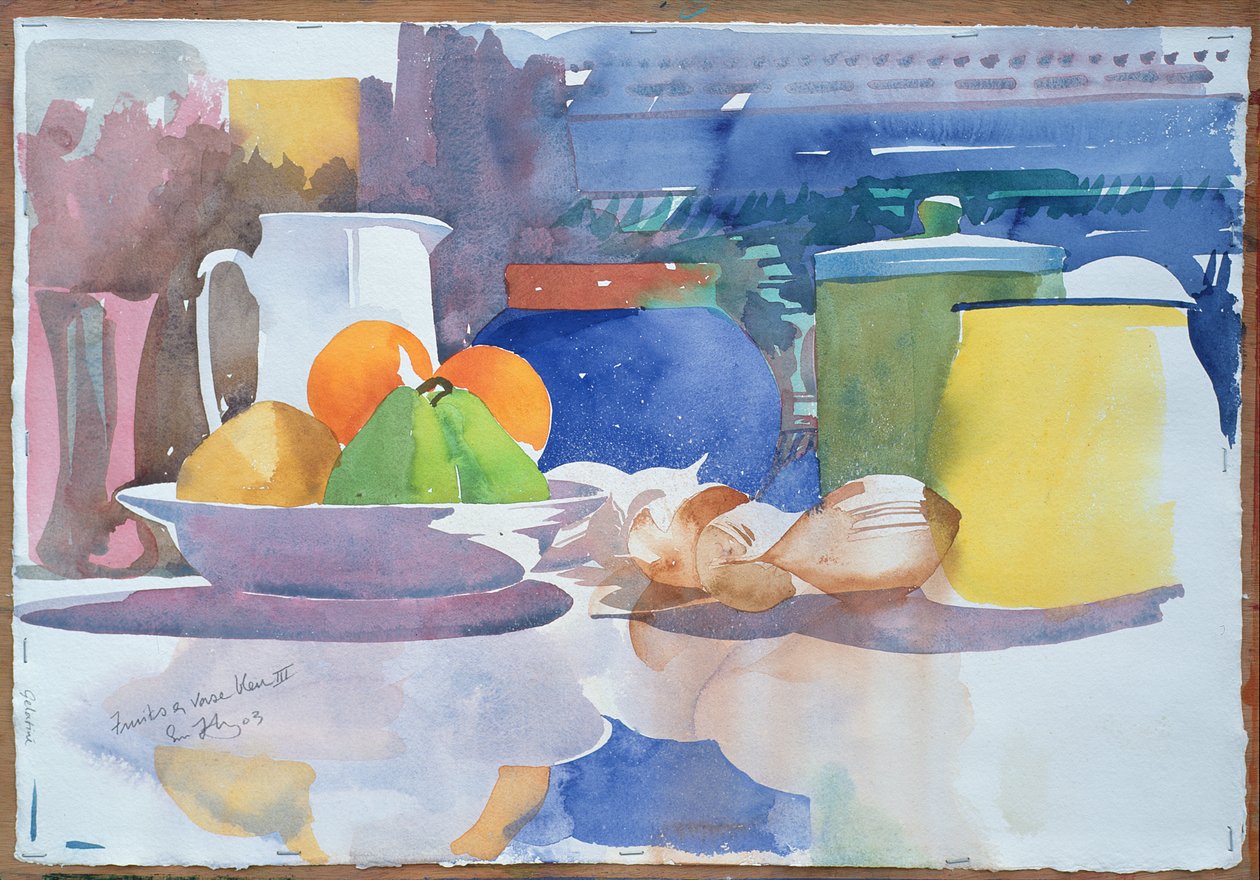 Fruits et Vase Bleu II, 2003 (acquerello su carta) da Simon Fletcher