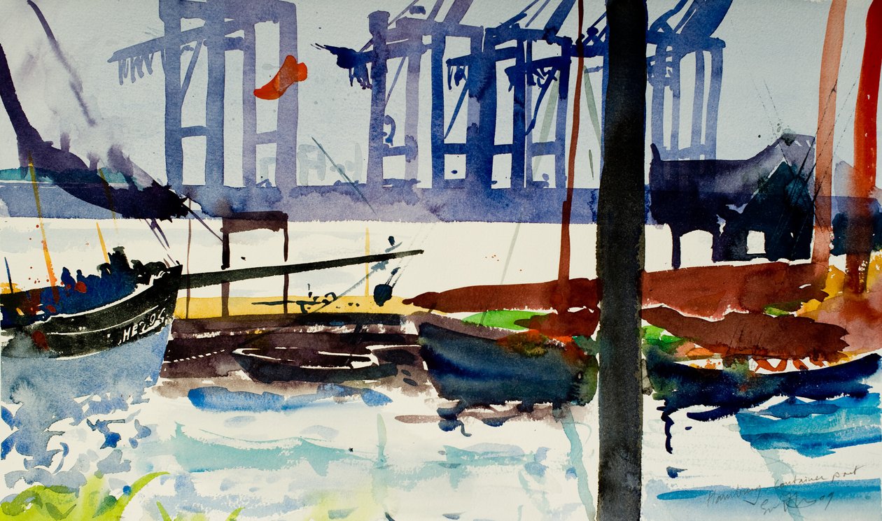 Amburgo, porto container, 2009 (acquerello) da Simon Fletcher