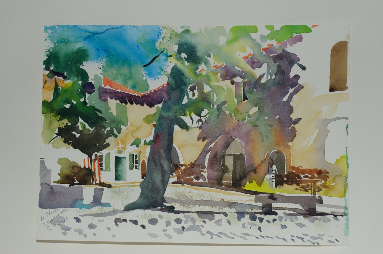 La Place, Villeneuvette, 2009 (acquerello su carta) da Simon Fletcher