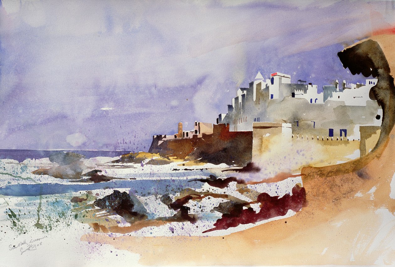 Muro di mare, Essaouira (acquerello su carta) da Simon Fletcher