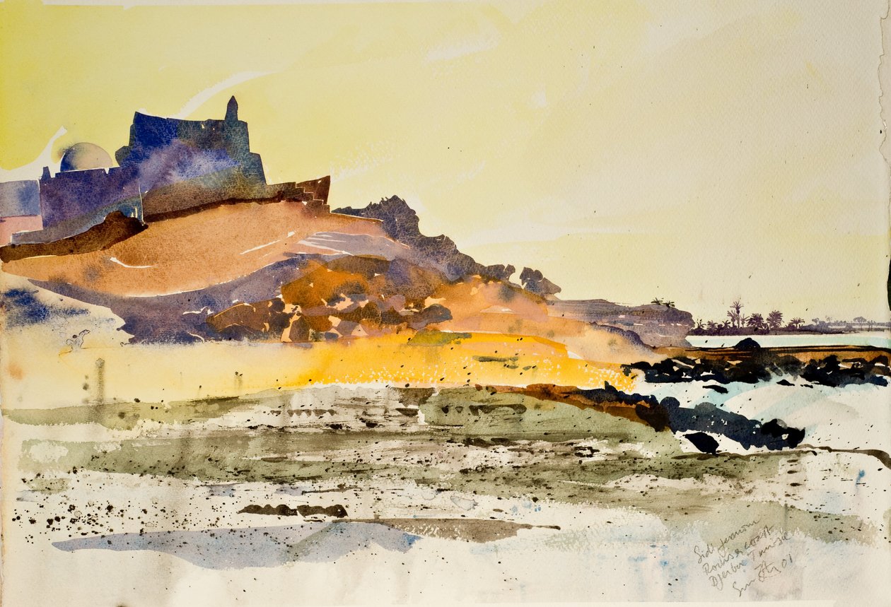 Sidi Jemour, rocce e costa, Djerba Tunisia, 2000 (acquerello) da Simon Fletcher