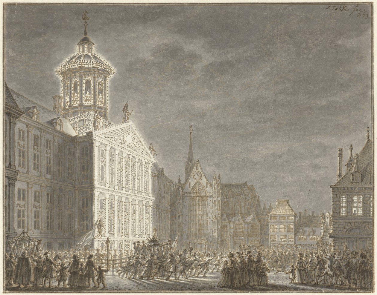 Illuminazione del municipio per Guglielmo V e Guglielmina di Prussia, 1768 da Simon Fokke
