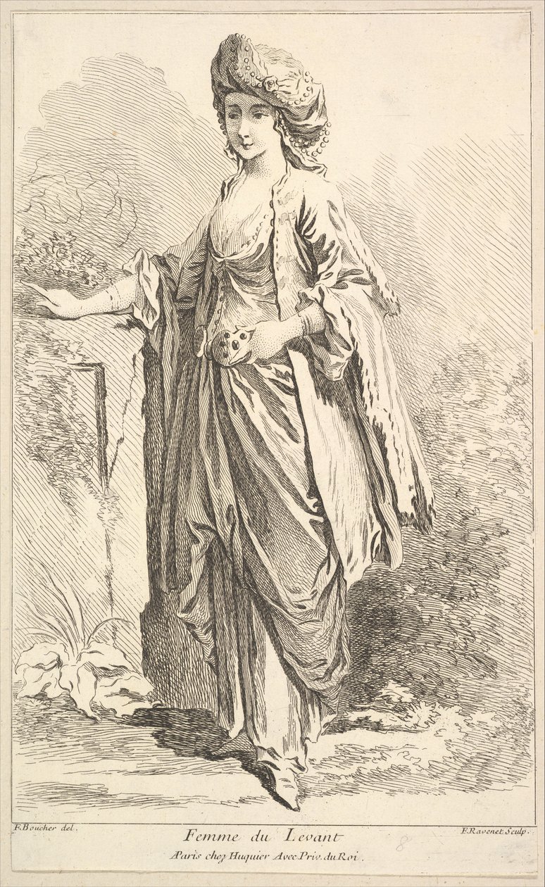Donna del Levante, da Recueil de diverses figures étrangeres inventées par F. Bouc..., XVIII secolo da Simon Francois Ravenet