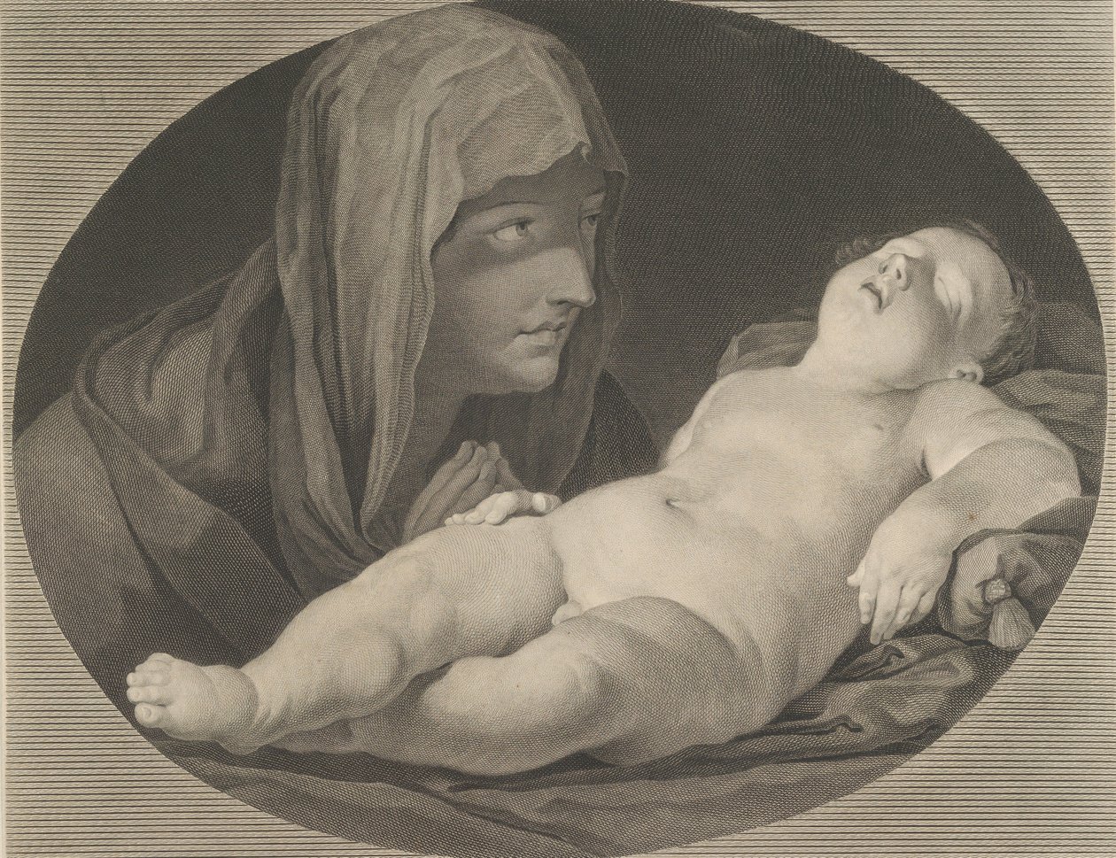 La Vergine in preghiera, che guarda il bambino Cristo dormiente, in una cornice ovale, dopo Reni da Simon Francois Ravenet