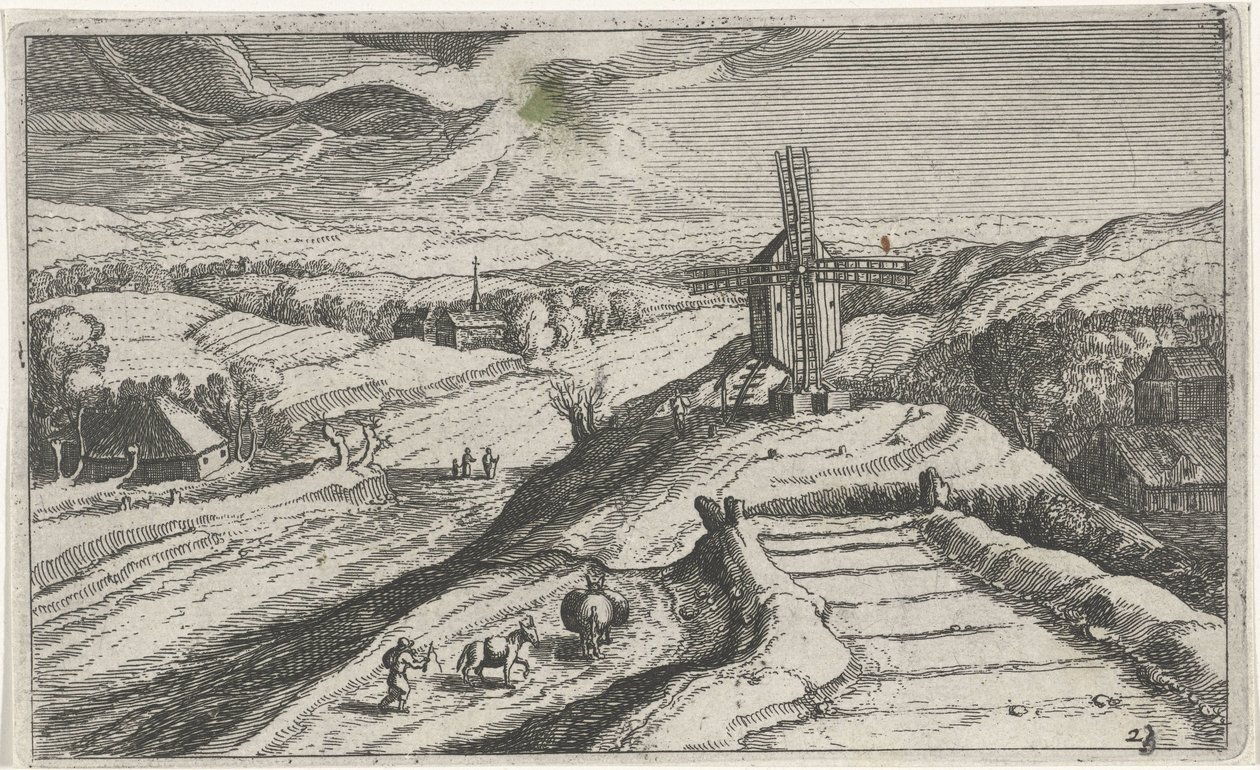 Paesaggio collinare con un mulino a vento da Simon Frisius (attributed to)