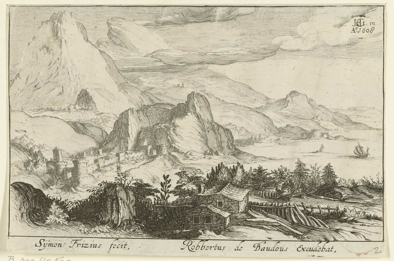 Paesaggio montano con edifici da Simon Frisius