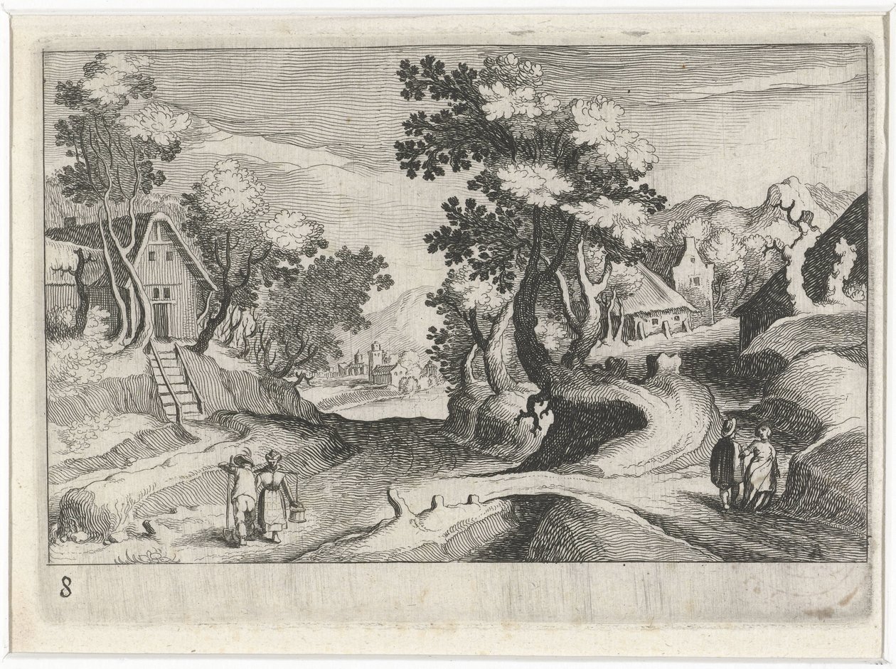 Paesaggio collinare boscoso con edifici e figure (Zuid-Europese landschappen, Topographia variarum regionum) da Simon Frisius