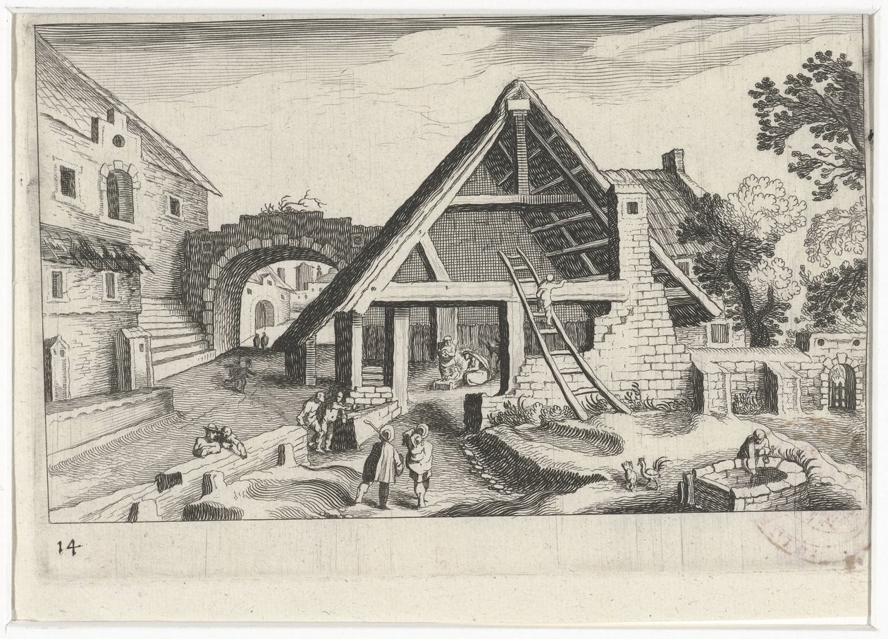 Veduta di un villaggio con la Sacra Famiglia da Simon Frisius