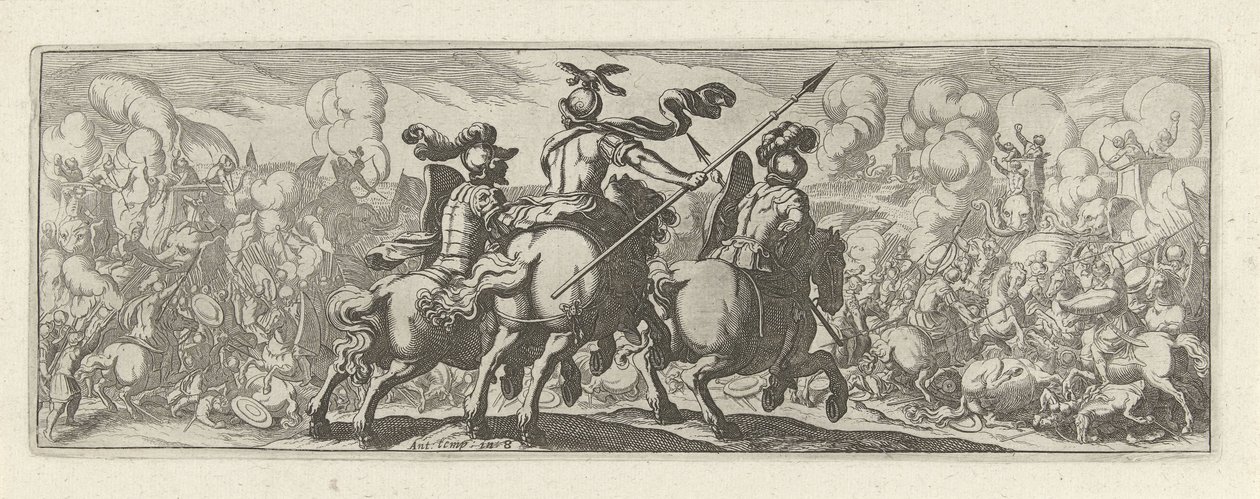 Tre cavalieri in una battaglia con elefanti (Cavalleria) da Simon Frisius