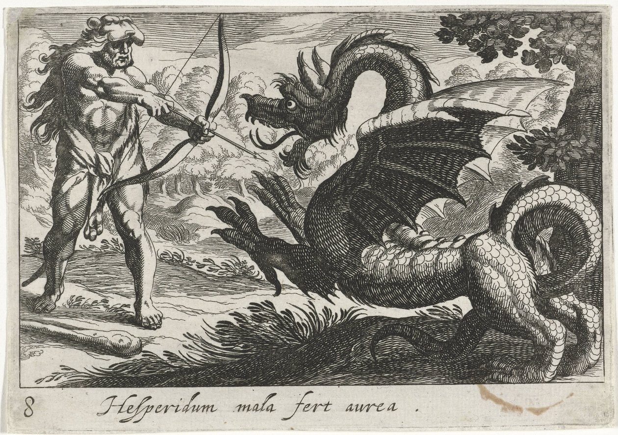 Ercole uccide il drago Ladone (temi erculei) da Simon Frisius