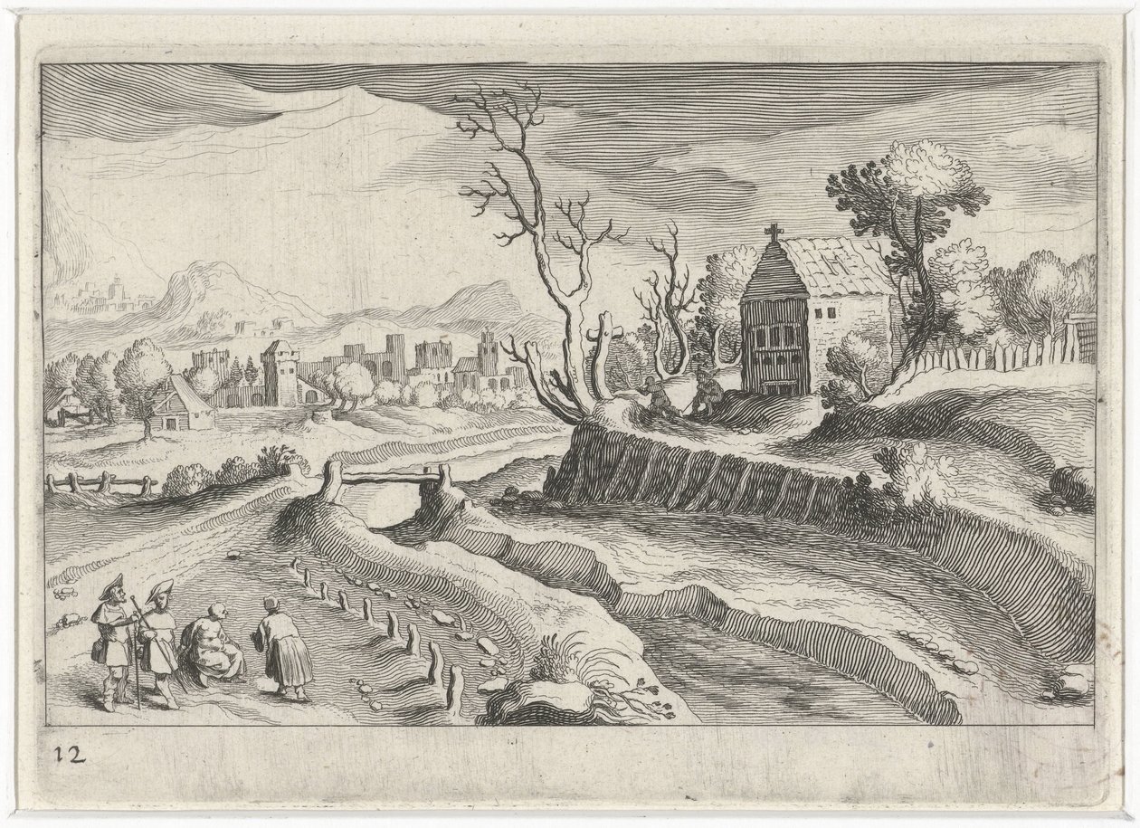 Paesaggio collinare con una cappella da Simon Frisius