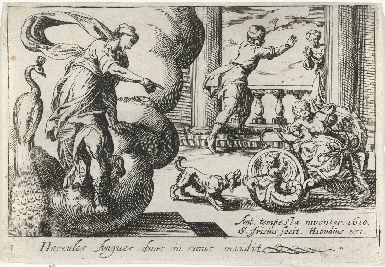 Giovane Ercole strangola due serpenti (Temi erculei) da Simon Frisius