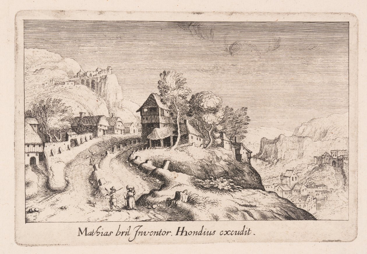 Paesaggio con sentiero su una montagna attraverso un villaggio, da Topographia Variarum Regionum da Simon Frisius
