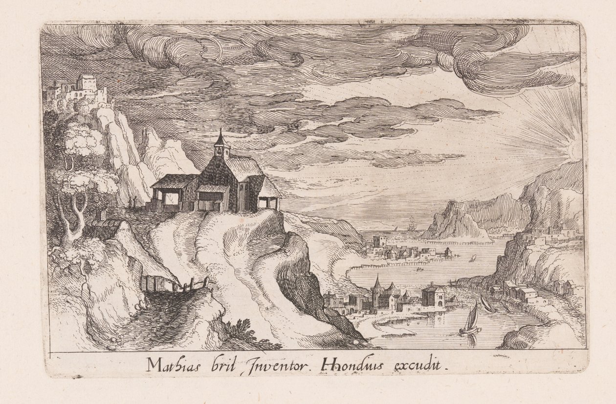 Paesaggio con una valle fluviale e una chiesa su una collina, da Topographia Variarum Regionum da Simon Frisius