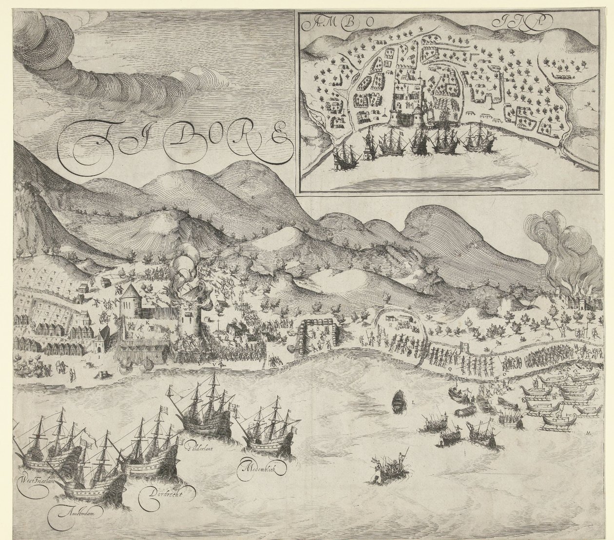 Vittoria degli olandesi sui portoghesi a Tidore (tavola a destra), 1605 da Simon Frisius
