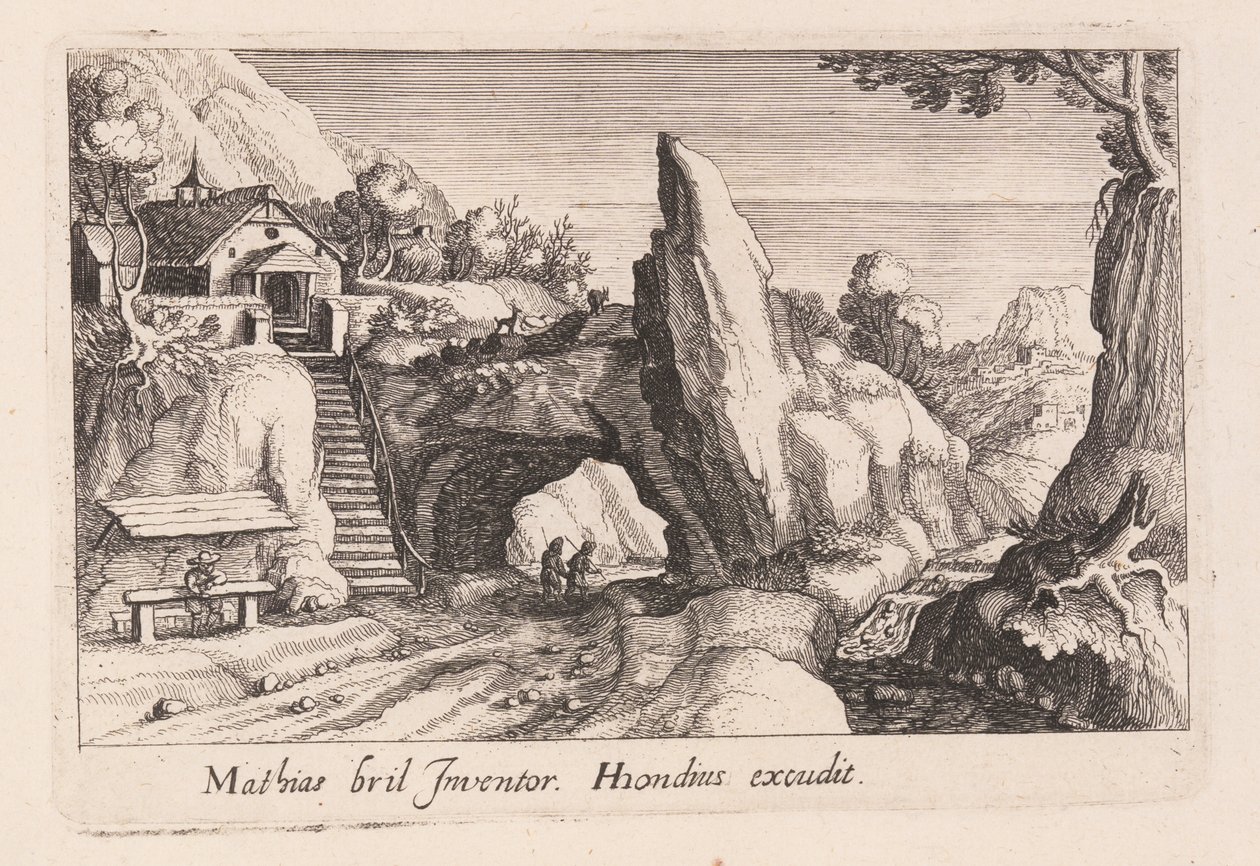 Coppia di figure che camminano sotto un ponte di roccia, da Topographia Variarum Regionum da Simon Frisius
