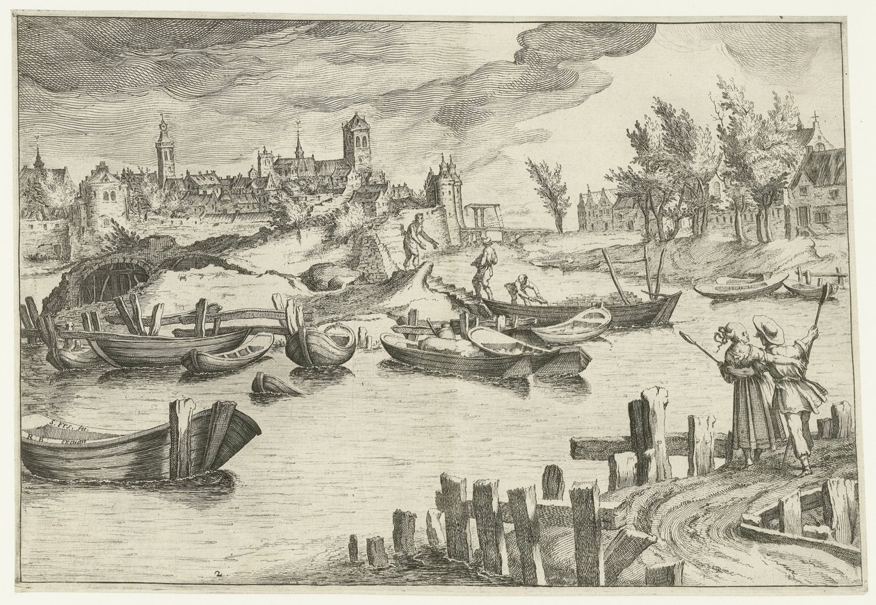 Paesaggio fluviale con una città sullo sfondo da Simon Frisius