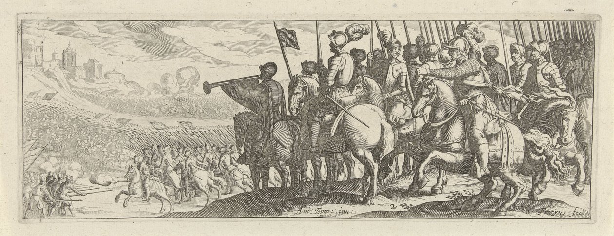 Cavalieri con lance Cavalleria (titolo della serie) Faecvnda qvam sit acris ingeni viris dilecta Phaebo et gratys Florentia, sat indicant pvgnae, enthea vi pectoris quas Mercuri sculpsit cliens tempestivs (titolo della serie) da Simon Frisius