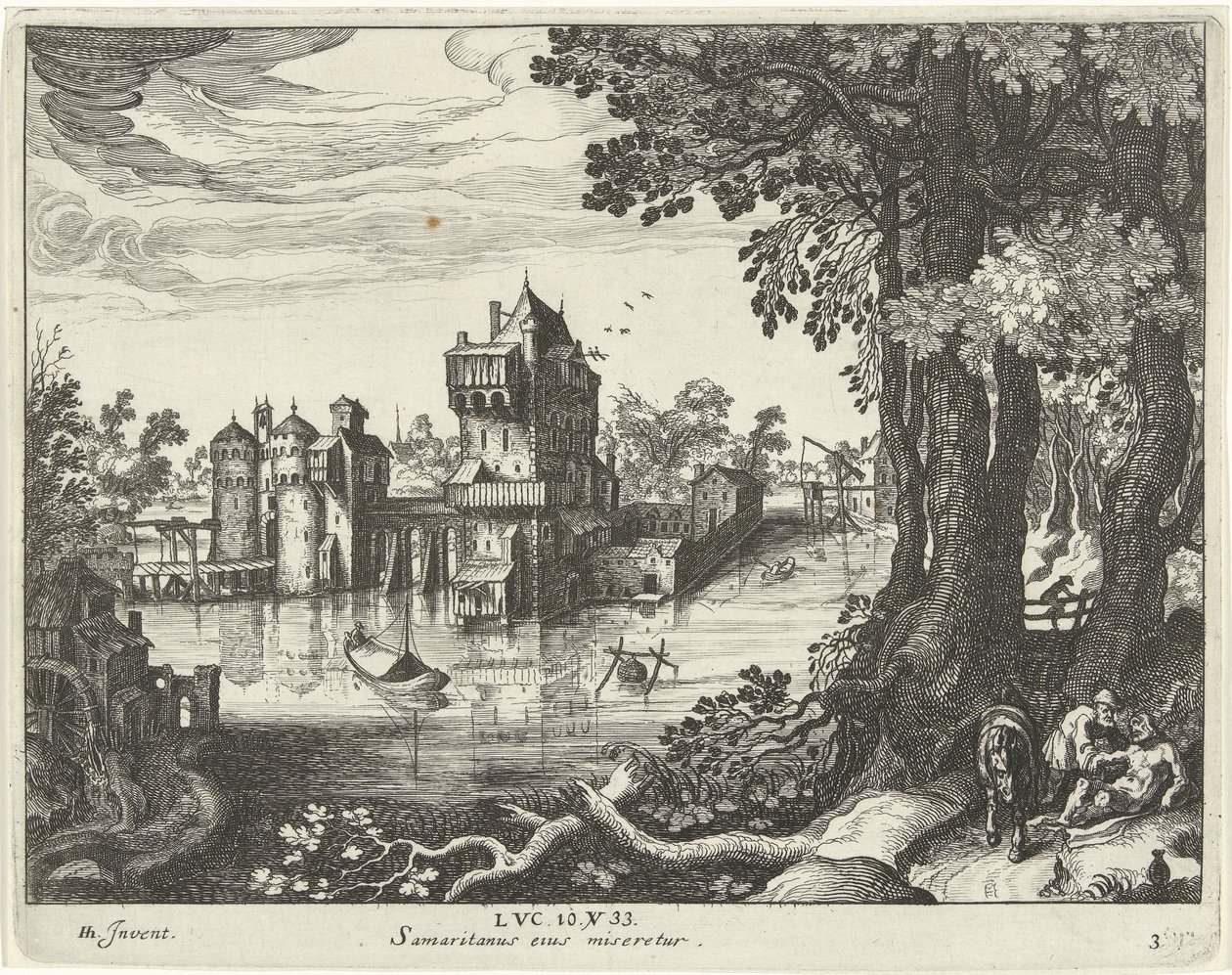Il Samaritano cura le ferite di un uomo ferito (Parabola del Buon Samaritano) da Simon Frisius