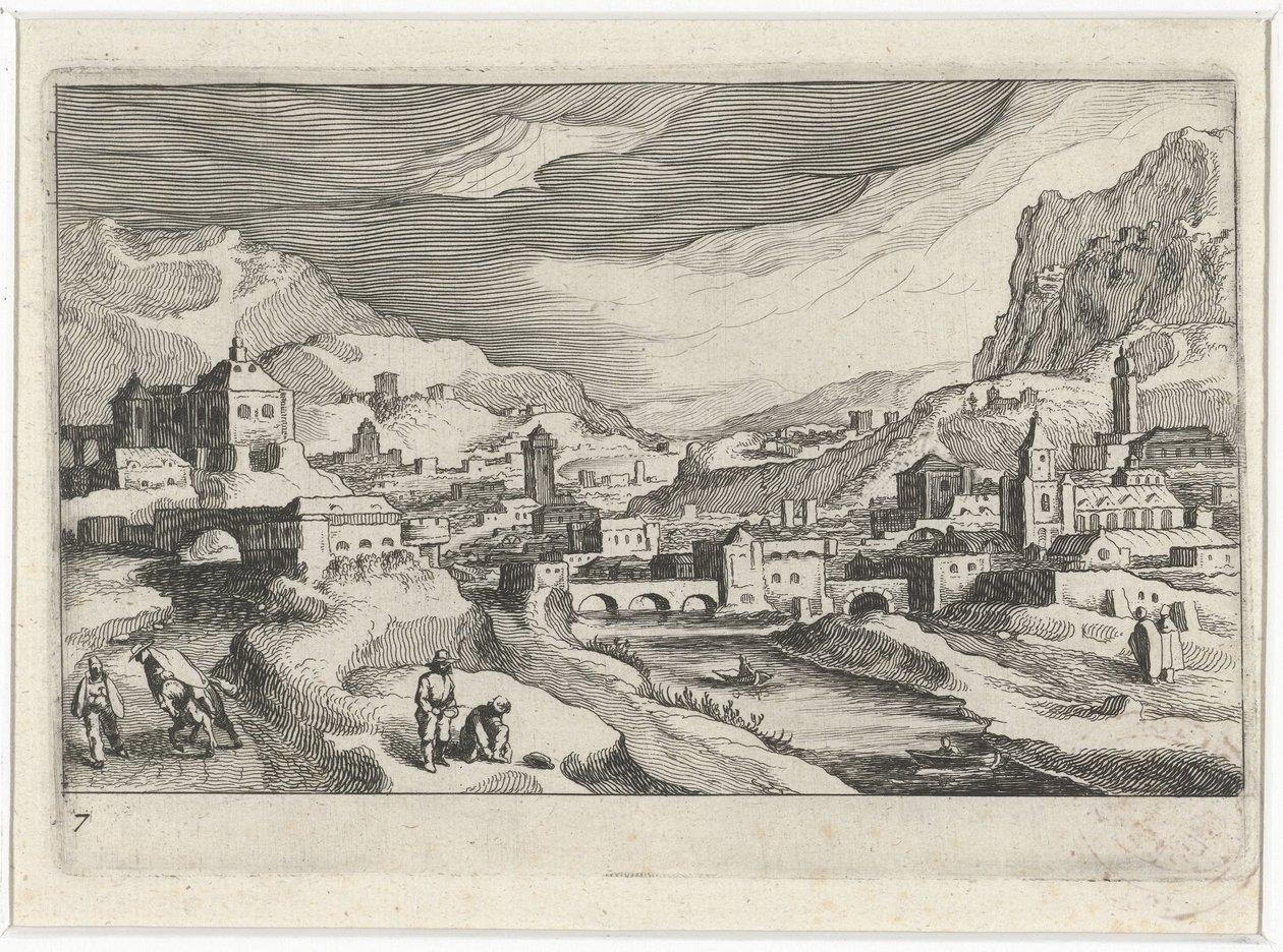 Veduta di città in una valle fluviale da Simon Frisius