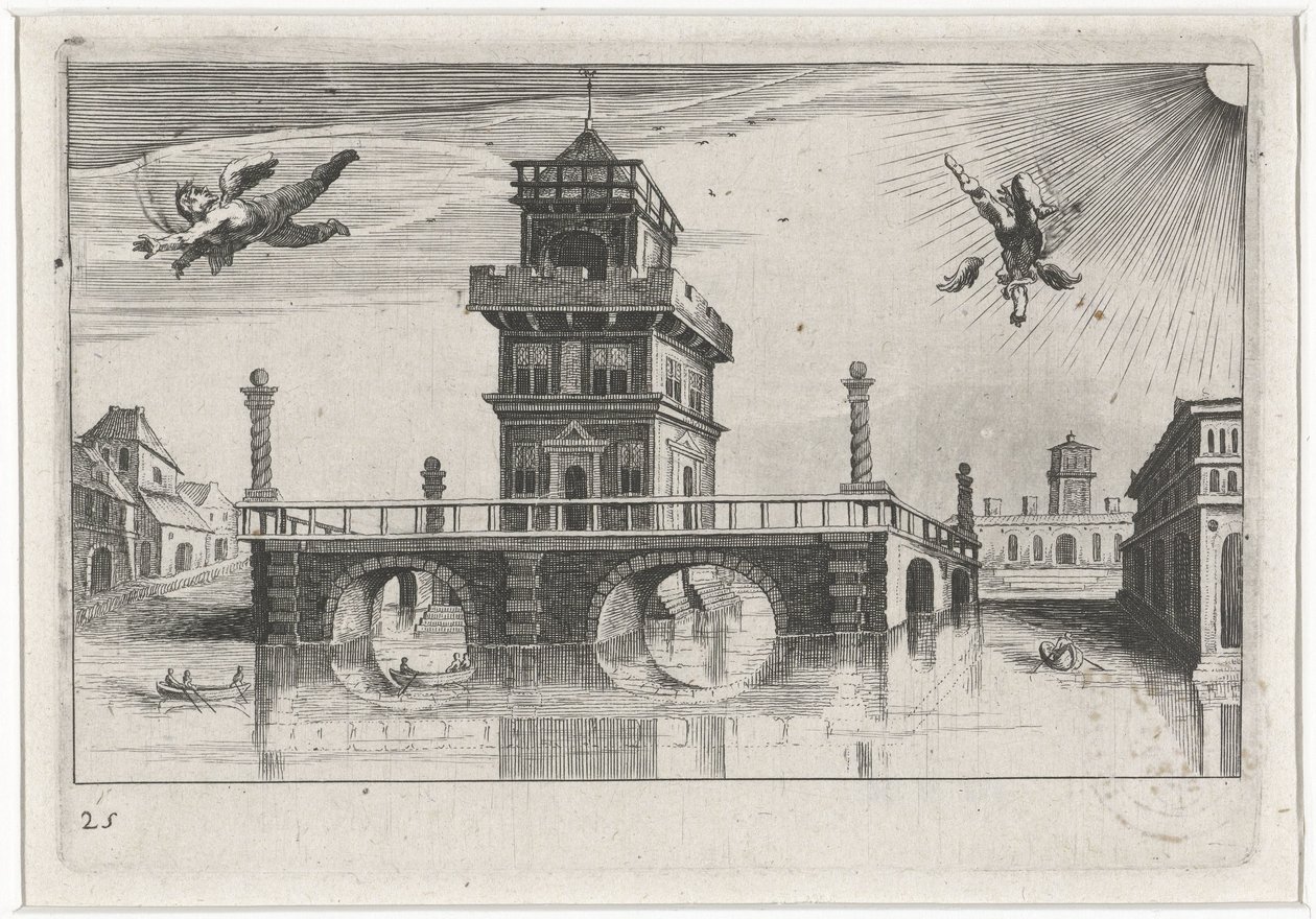 Veduta di città con Icaro e Dedalo da Simon Frisius