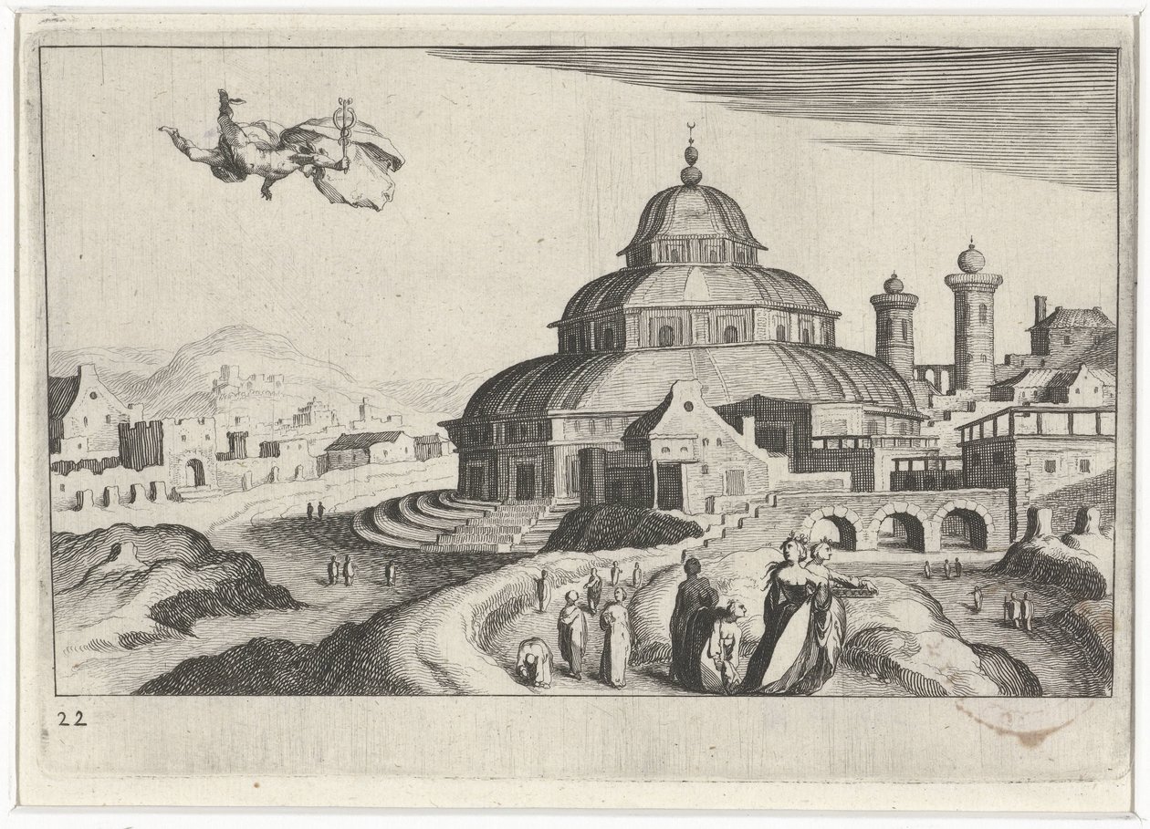 Veduta urbana con Mercurio da Simon Frisius