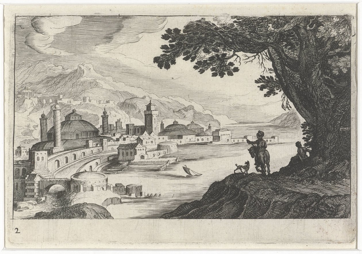 Panorama urbano con un edificio dal tetto a cupola da Simon Frisius