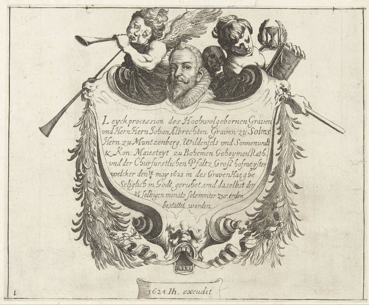 Stampa illustrativa per il corteo funebre di Johann Albrecht, conte di Solms, 1623 da Simon Frisius