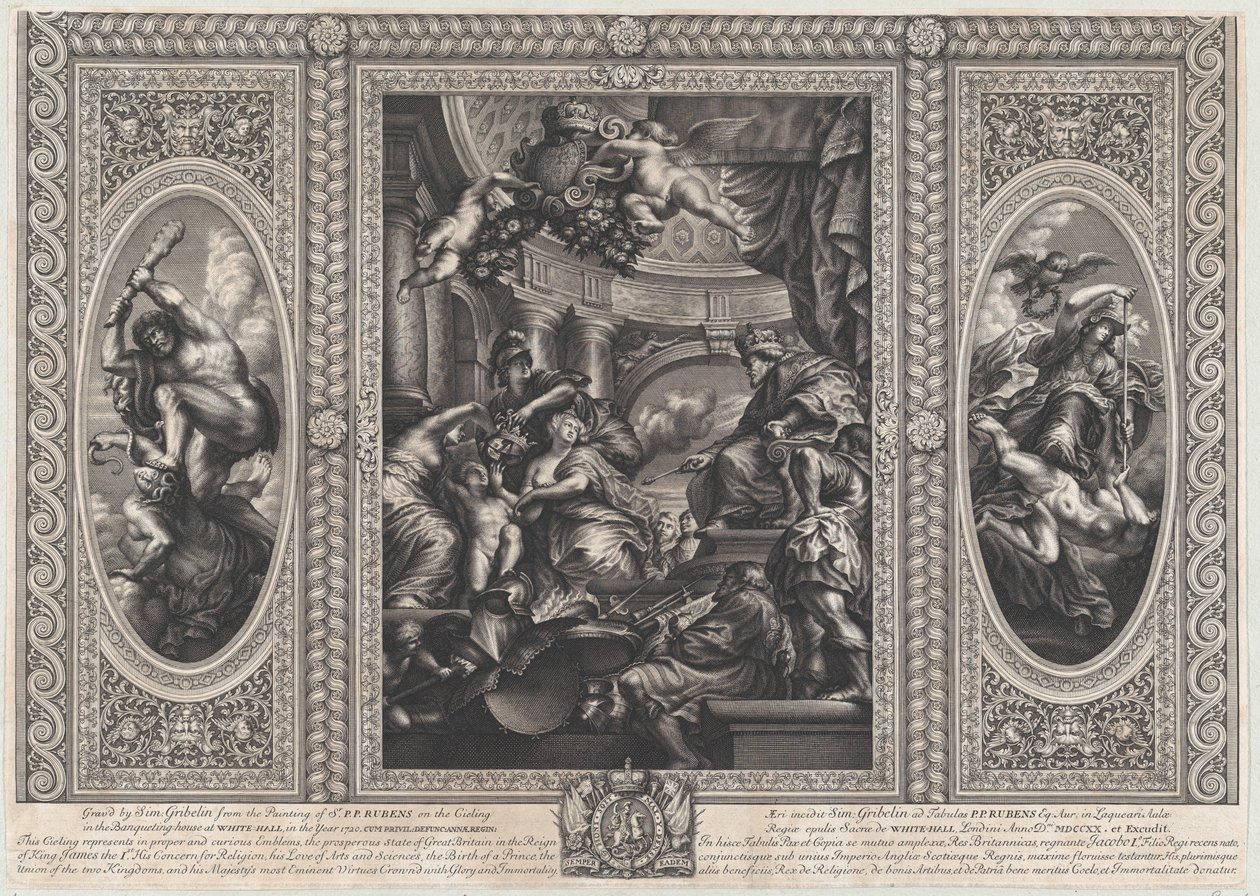 Scena allegorica che mostra i benefici del regno di Giacomo al centro, Governo Saggio da Simon Gribelin