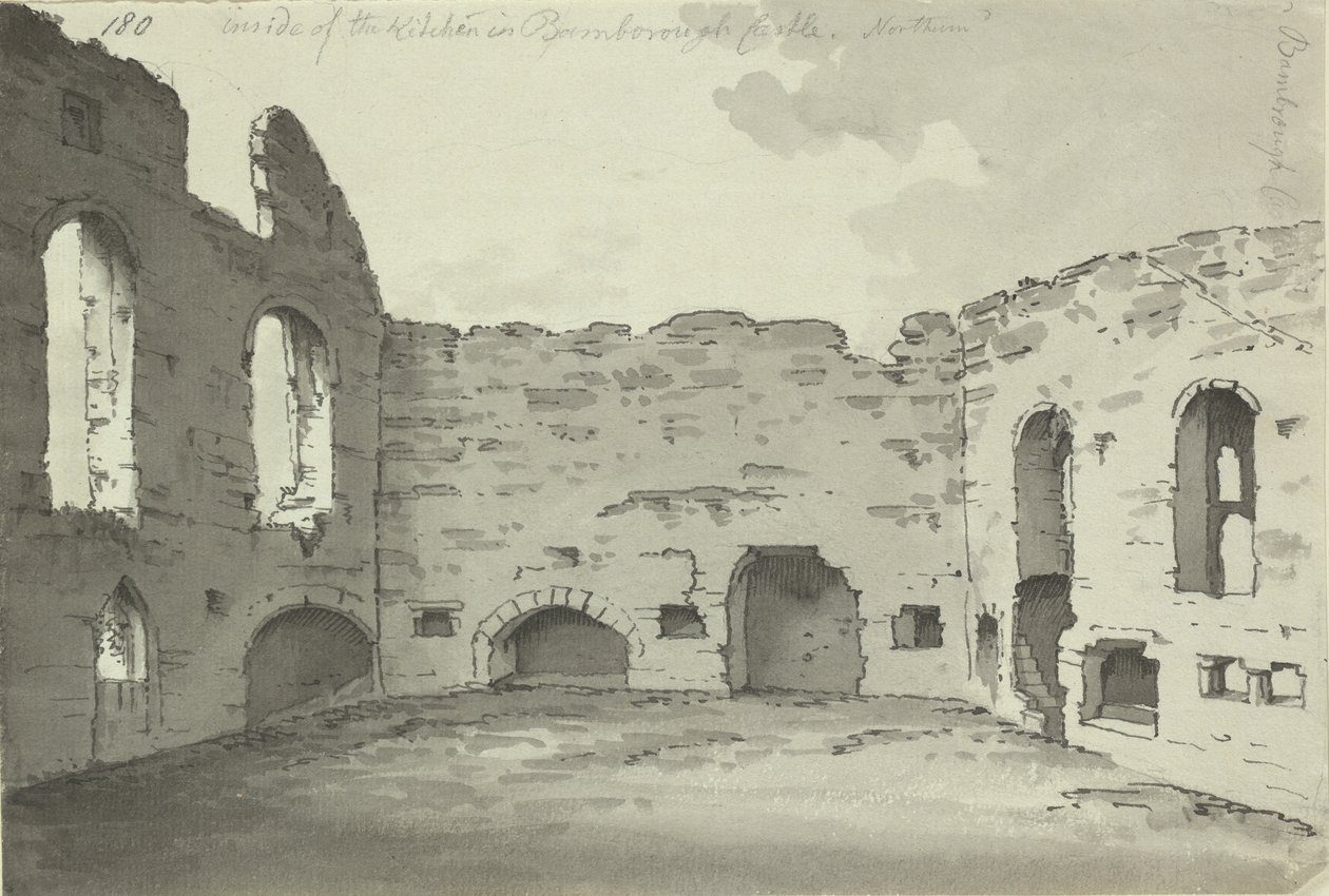 Castello di Bamburgh, rovine della cucina, Add. 15542, f.180, c.1780 da Simon H. Grimm