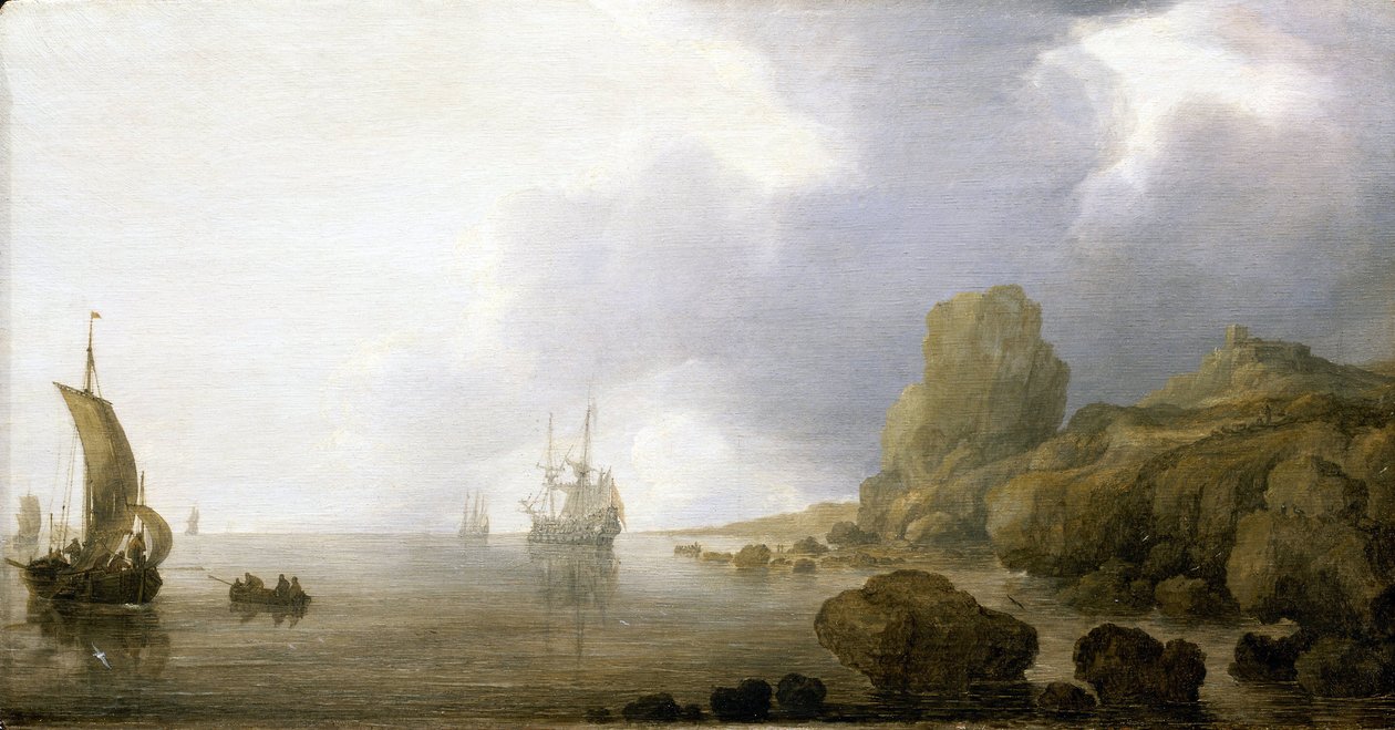Barche nelle acque basse di una baia rocciosa, una visione romantica e idealizzata, di Simon de Vlieger (1600-1653) da Simon Jacobsz. Vlieger