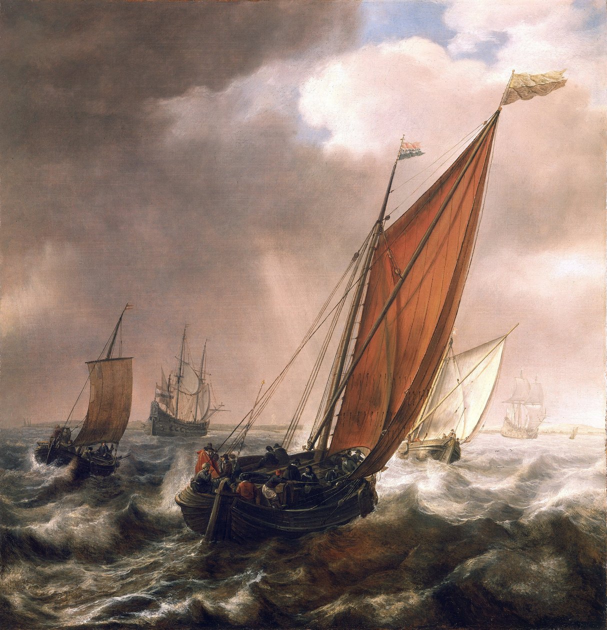 Piccola nave da trasporto olandese, prima della brezza, nelle acque calme e poco profonde lungo la costa, con la bandiera dell